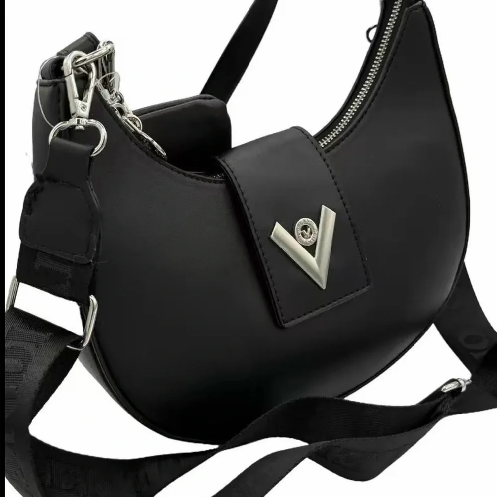 VALENTINO ORLANDI Crescent Black Shoulder Bag W/Pouch Vegan Leather